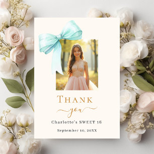 Sweet 16 photo bow teal green cream thank you card