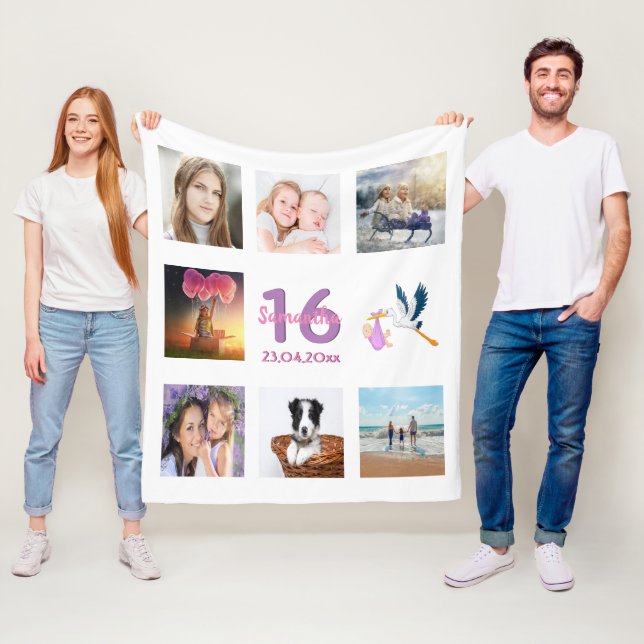 Sweet 16 photo collage girl white fleece blanket (In Situ)