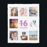 Sweet 16 photo collage girl white fleece blanket<br><div class="desc">A gift for a girl's 16th birthday,  celebrating her life with a collage of 8 of your photos.  Templates for a name,  age 16 and a date.  Date of birth or the date of the anniversary.  Pink and purple coloured letters.  White coloured background.</div>