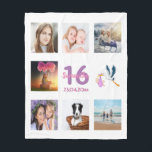 Sweet 16 photo collage girl white fleece blanket<br><div class="desc">A gift for a girl's 16th birthday,  celebrating her life with a collage of 8 of your photos.  Templates for a name,  age 16 and a date.  Date of birth or the date of the anniversary.  Pink and purple coloured letters.  White coloured background.</div>
