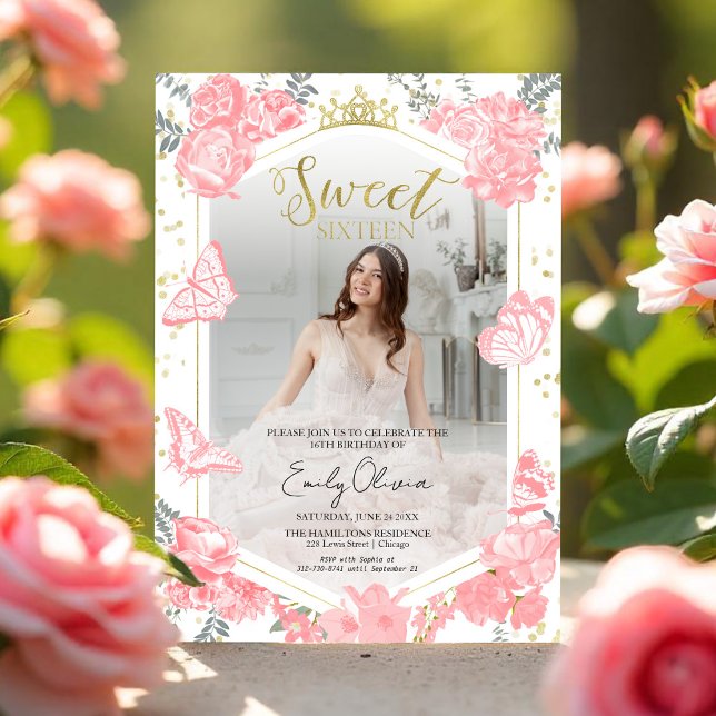 Sweet 16 Photo Invitation Butterfly Pink Floral  (Creator Uploaded)