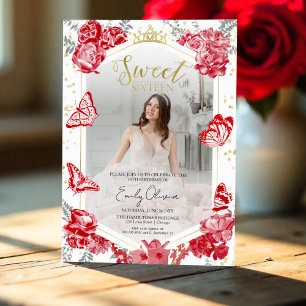 Sweet 16 Photo Invitation Butterfly Red Floral