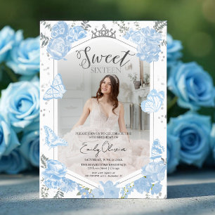 Sweet 16 Photo Invitation   Dusty Blue Butterfly
