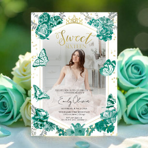 Sweet 16 Photo Invitation Emerald Green Butterfly