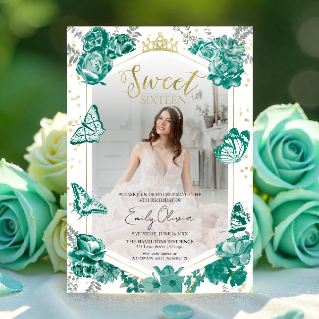 Sweet 16 Photo Invitation Emerald Green Butterfly (Creator Uploaded)