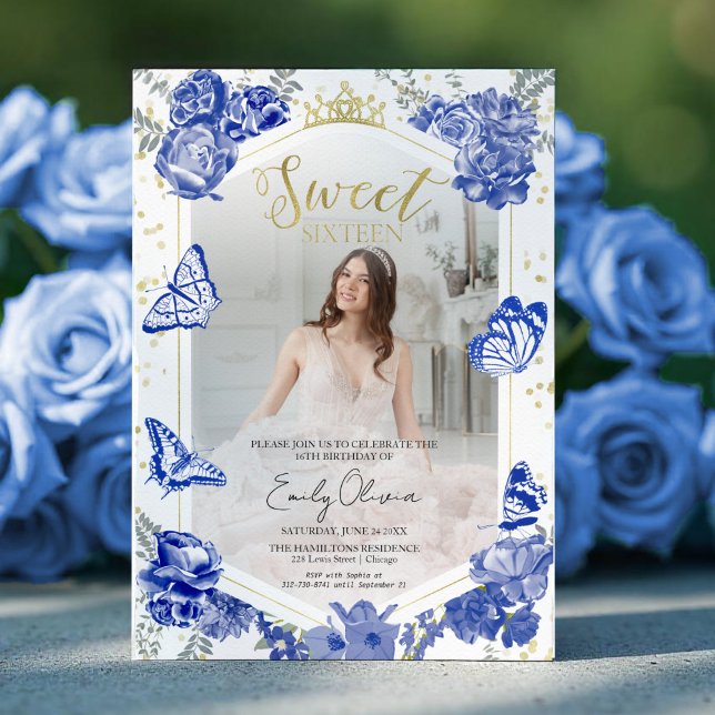 Sweet 16 Photo Invitation Royal Blue Butterfly (Creator Uploaded)