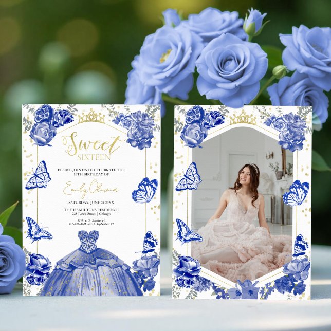 Sweet 16 Photo Invitation Royal Blue Butterfly  (Creator Uploaded)