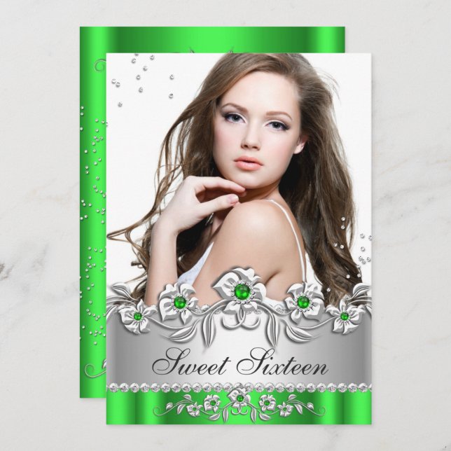 Sweet 16 Photo Lime Green Silver Diamond Jewel Invitation (Front/Back)
