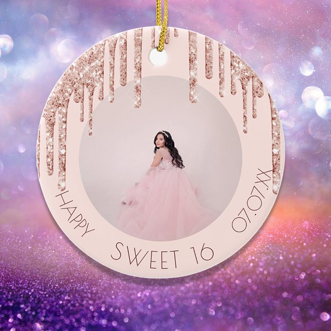 Sweet 16 photo rose gold glitter ceramic ornament (Creator Uploaded)