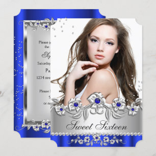 Sweet 16 Photo Royal Blue Silver Diamond Jewel Invitation