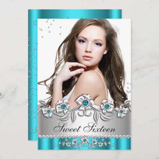 Sweet 16 Photo Teal Blue Silver Diamond Jewel Invitation (Front/Back)