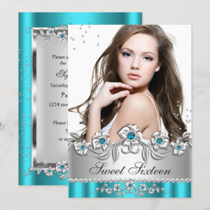 Sweet 16 Photo Teal Blue Silver Diamond Jewel Invitation