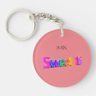 Sweet 16 pink acrylic keychain, personalised name. key ring