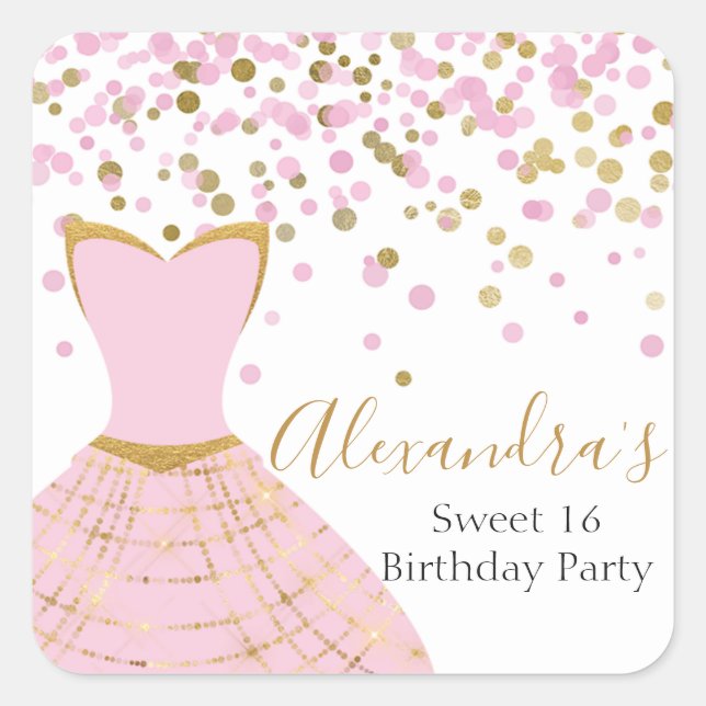 Sweet 16 Pink and Gold Foil Dress Square Sticker (Front)