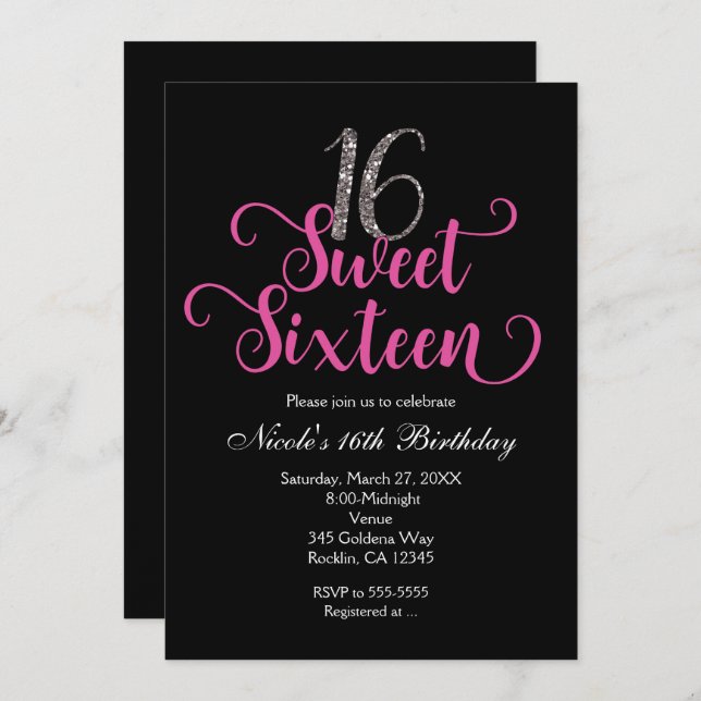 Sweet 16 Pink & Black Birthday Party Invitations (Front/Back)