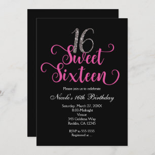 Sweet 16 Pink & Black Birthday Party Invitations