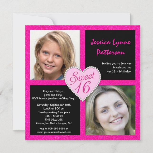 Sweet 16 Pink Black Bling Heart Photo Invitations (Front)