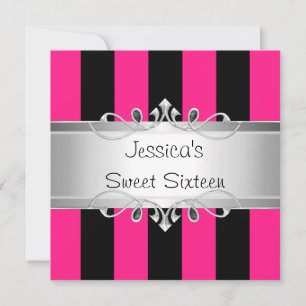 Sweet 16 Pink Black Stripes Silver Jewel Party Invitation