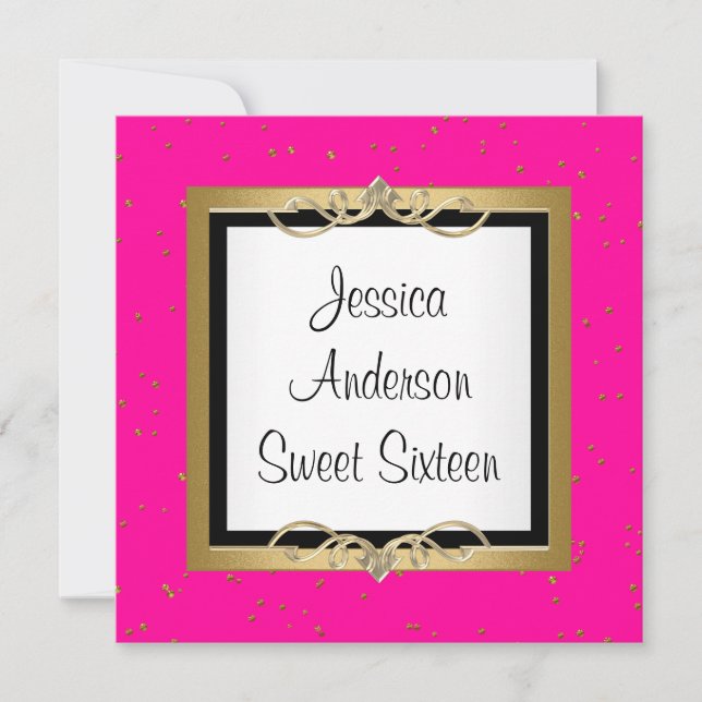 Sweet 16 Pink Black White Gold Spots Jewel Invitation (Front)