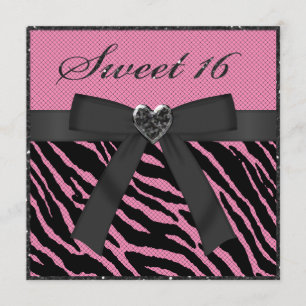 Sweet 16 Pink & Black Zebra Print Faux Glitter Invitation