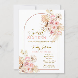 Sweet 16 Pink Boho Pampas Grass Girl Invitation 