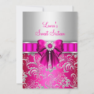 Sweet 16 Pink Bow & Silver Floral Announcements