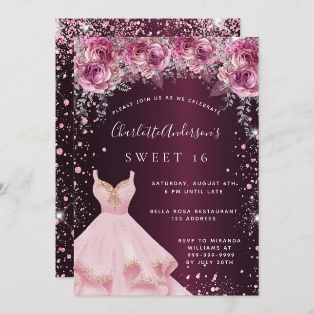 Sweet 16 pink burgundy glitter dress floral invitation (Front/Back)