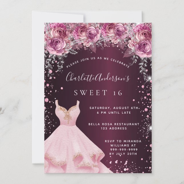 Sweet 16 pink burgundy glitter dress floral invitation (Front)