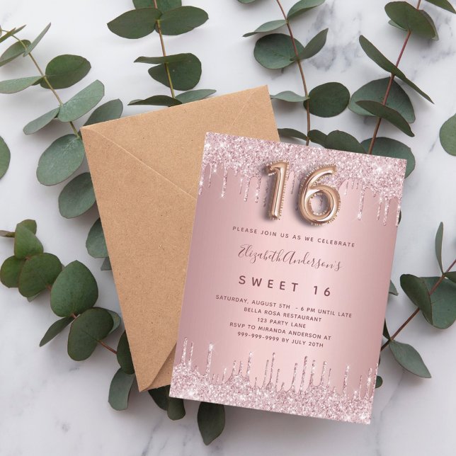 Sweet 16 pink dusty rose glitter 16th birthday invitation postcard (Creator Uploaded)