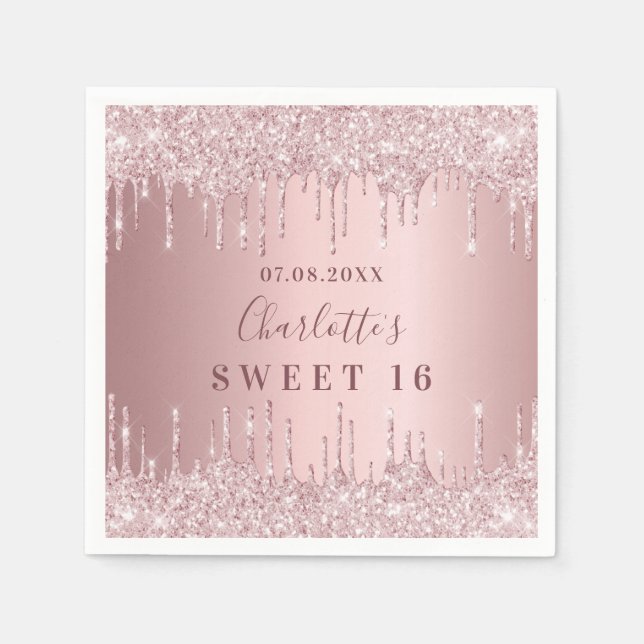 Sweet 16 pink dusty rose glitter name napkin (Front)