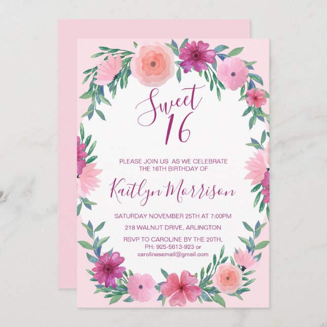 Sweet 16 Pink Floral Birthday Invitations (Front/Back)