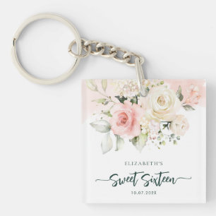 Sweet 16 Pink Floral Birthday Party Custom Key Ring