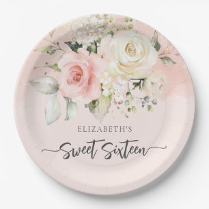 Sweet 16 Pink Floral Birthday Party Paper Plate