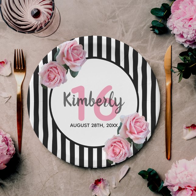 Sweet 16 pink floral black  stripes paper plate (Creator Uploaded)