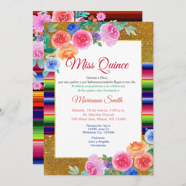 Sweet 16 Pink Floral Mexican Miss Quince Invite (Front/Back)