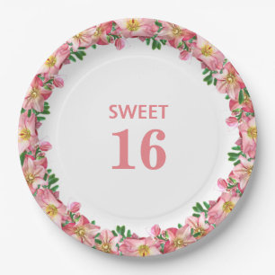 Sweet 16 Pink Flower Garland on White  Paper Plate