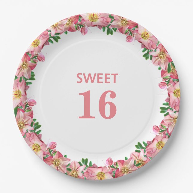 Sweet 16 Pink Flower Garland on White  Paper Plate (Front)