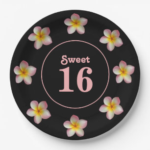 Sweet 16 & Pink Flowers on Black Paper Plates