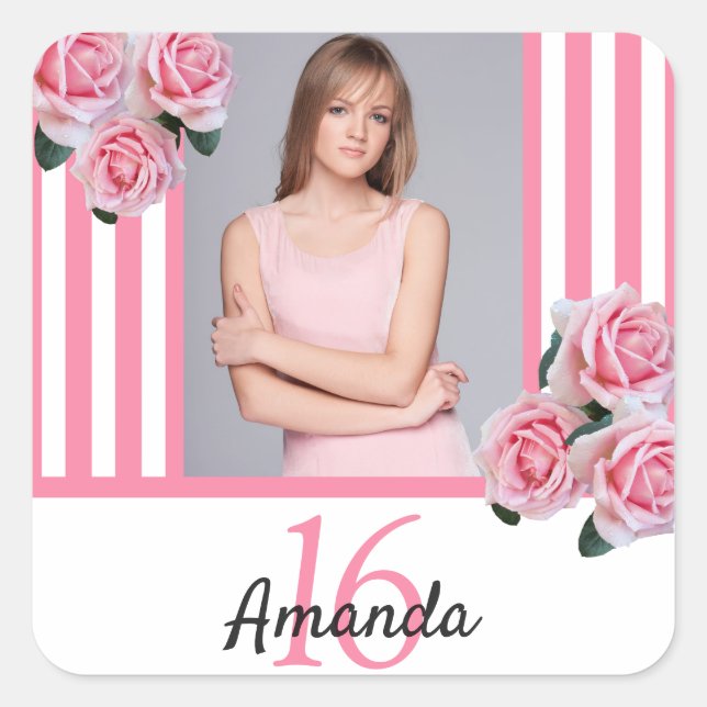 Sweet 16 pink flowers photo stripes elegant square sticker (Front)