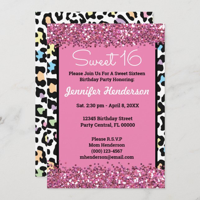 Sweet 16 Pink Glitter Colourful Leopard Print Wild Invitation (Front/Back)