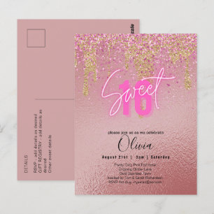 Sweet 16 Pink Glitter Foil Girly Modern Fl Invita Postcard