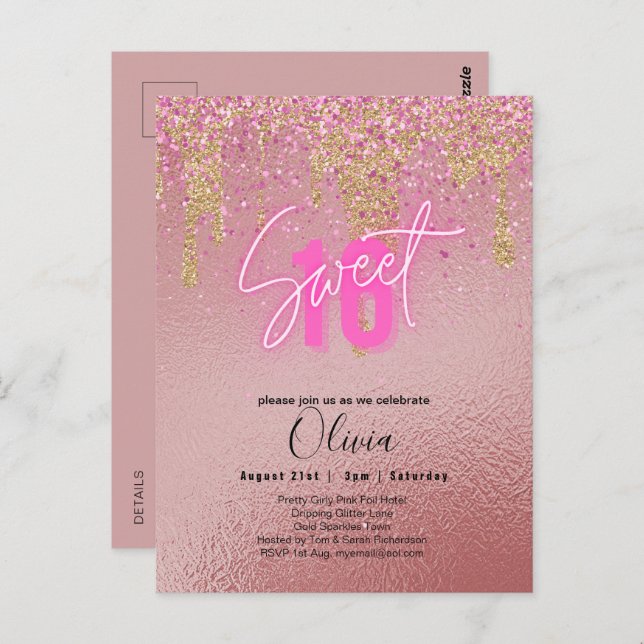 Sweet 16 Pink Glitter Foil Girly Modern  Fl Invita Postcard (Front/Back)