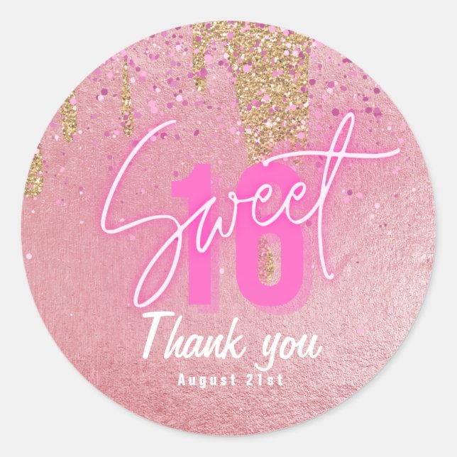 Sweet 16 Pink Glitter Foil Girly Modern Rose Gold  Classic Round Sticker (Front)