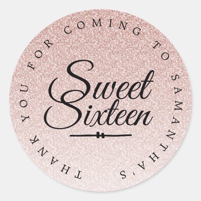 Sweet 16 Pink Glitter Ombre Thank You Custom Name Classic Round Sticker (Front)