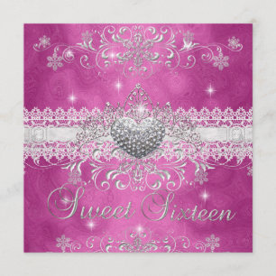 Sweet 16 Pink Glitter Tiara Lace Heart Invitation