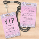 Sweet 16 Pink Glitter VIP Pass Birthday Party ID Badge<br><div class="desc">A unique Sweet 16 birthday party invitation that also serves as a badge for guests to wear at the party and keep as a souvenir party favour. This pretty design features sparkly holographic purple, pink and silver faux glitter confetti borders against a pink background, her name in a soft grey...</div>