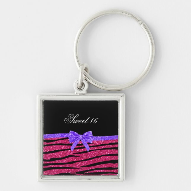Sweet 16 pink glitter zebra stripes key ring (Front)