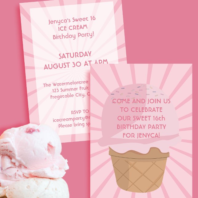 Sweet 16 Pink Ice Cream Birthday Party Invitation (Sweet like Ice Cream!🍨)