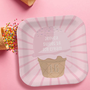 Sweet 16 Pink Ice Cream Cone Girl Birthday Party Paper Plate