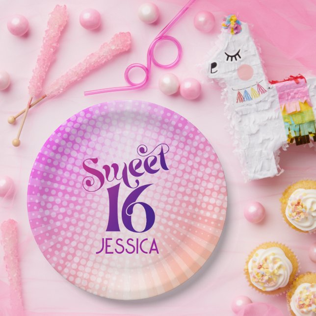 Sweet 16 Pink Orange Gradient Groovy Retro Boho Paper Plate (Party)